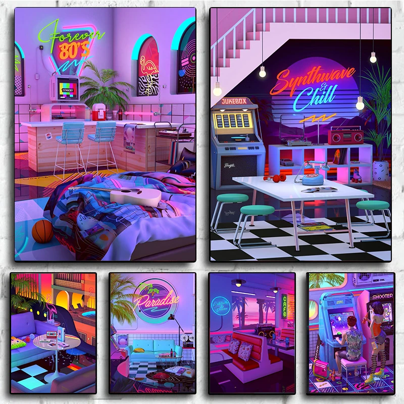 Neon Synthwave Arcade Zone Dream Posters Canvas Painting Game Playroom Wall Art Picture For Cafe Club Room Home Decoration