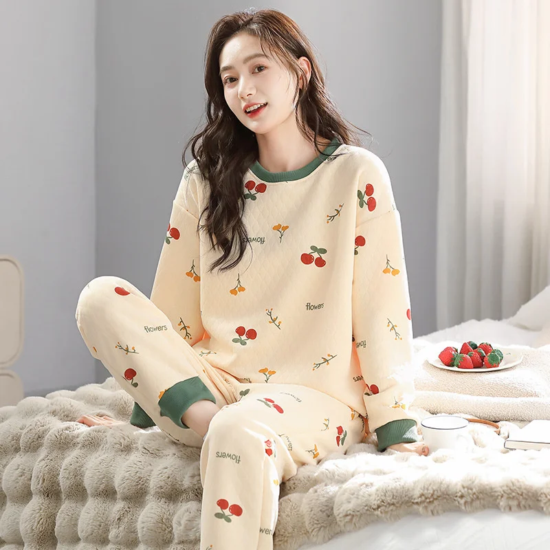 Thick Pajamas Women Three Layer Cotton Long Sleeve Plaid Pants Sleepwear Home Wear Warm Sweet Winter Loungewear