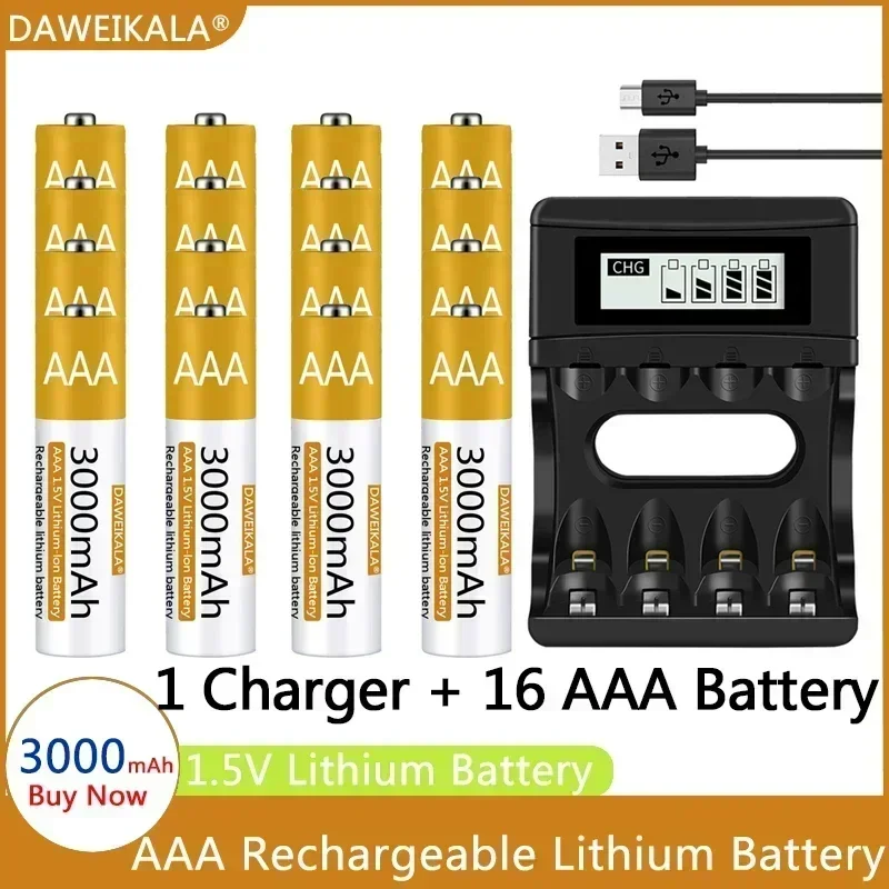 

AAA Battery 1.5V Rechargeable 3000mAh Lithium-ion Battery AAA Battery for remote control mouse Electric toy with USB charger