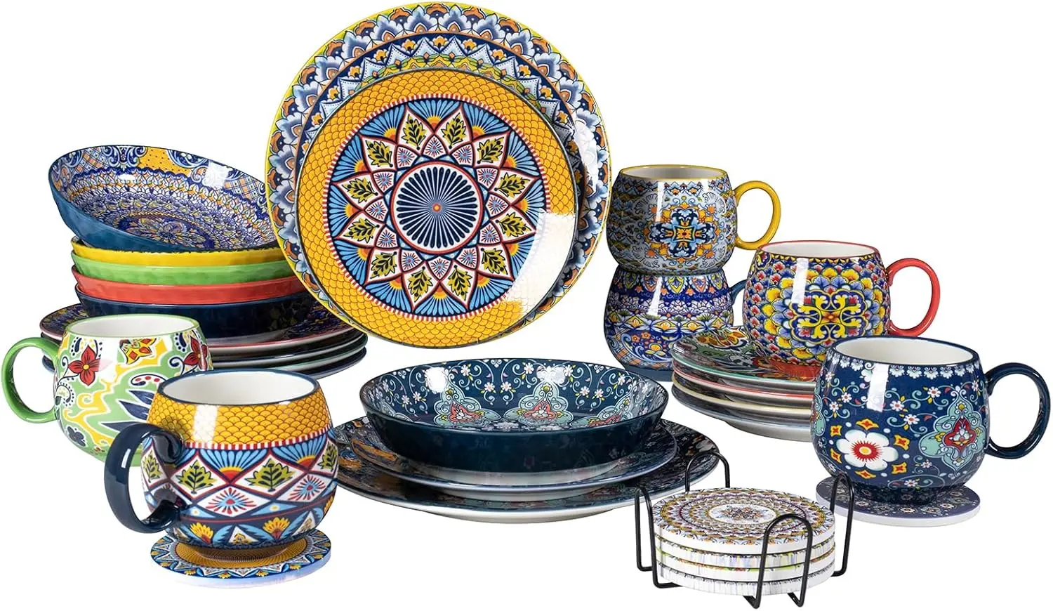 

Набор столовой посуды для мисок для макарон на 6–32 унции, обеденные тарелки 10,5 дюймов, десертные тарелки 8,5 дюймов, кофейные кружки и подставки на 20 унций.