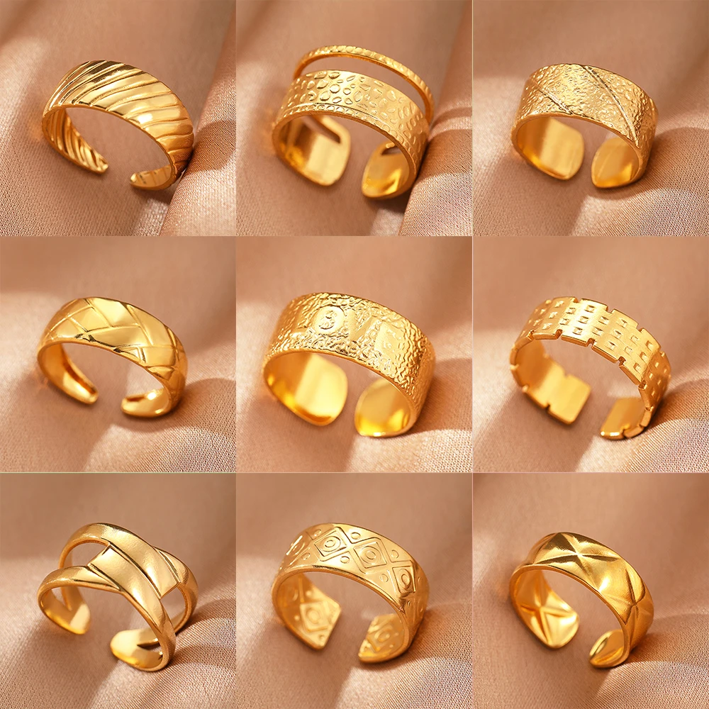 316L Stainless Steel Rings Classic Fashion Vintage Adjustable Open Embossed Wide Rings For Women Jewelry Banquet Weddings Gifts