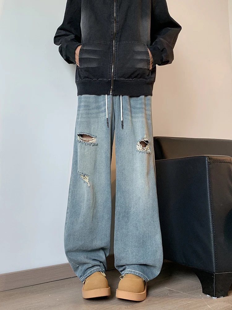 アメリカンスレ ヴィンテージ ルーズレッグ メンズジーンズ 夏 トレンドブランド INS ハイストリート クール ワイドレッグ ナイフパンツ ホールデザイン