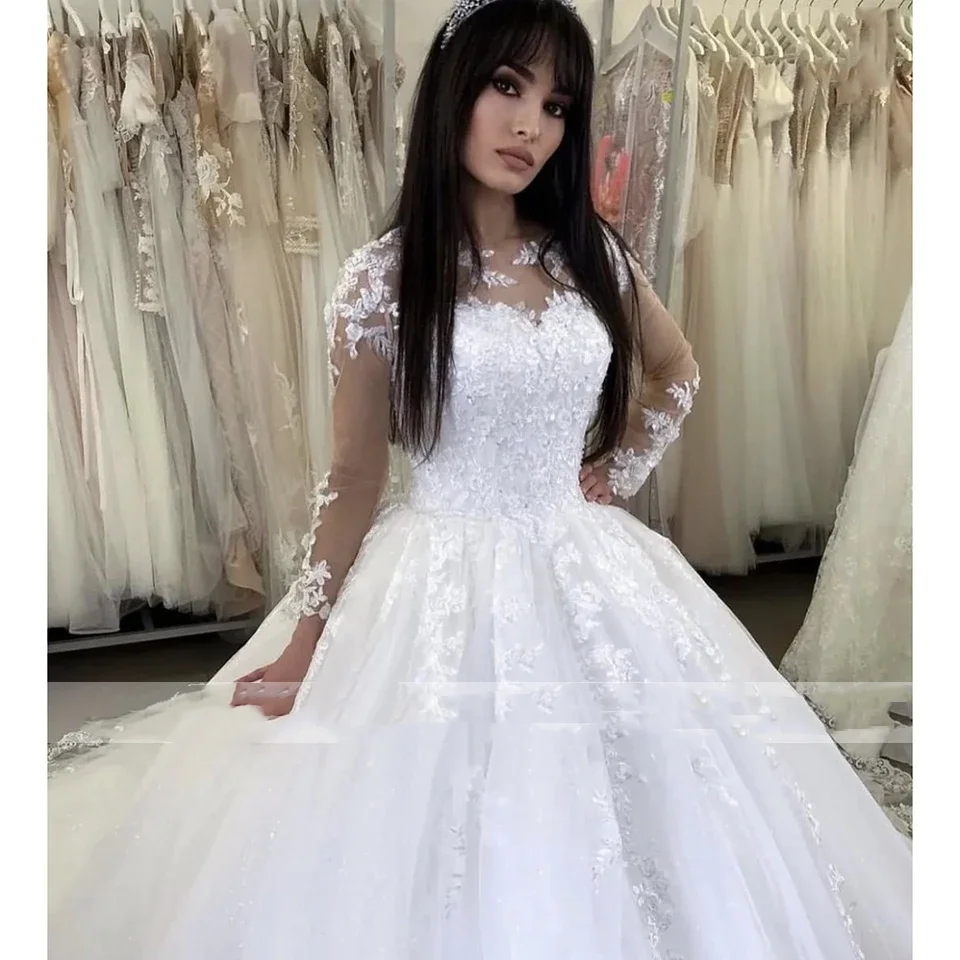 Suknie ślubne Flavinke na zamówienie, białe, z dekoltem typu O, aplikacjami, długimi rękawami, suknia balowa, długość do podłogi, tren typu sweep, tiul, sznurowane.