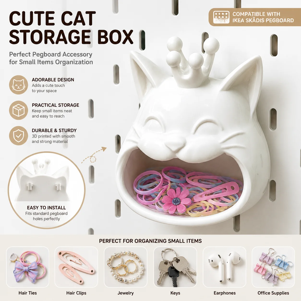 Cute Cat Wall Storage Box Compatible with Pegboard System, Hanging Organizer Basket for Hair Accessories, Jewelry, Keys and Smal