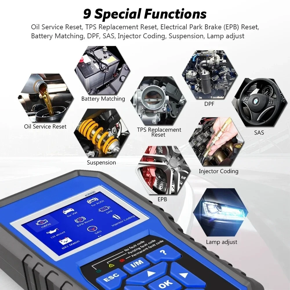 KW450 OBD2 Diagnostic Tool for - огляд і ціна Obd2 Scanner Abs Srs Airbag Reset