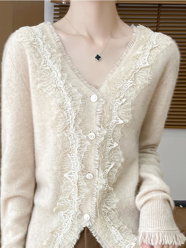 

Spring Autumn Women's Knitted Loose V-neck Sweater Inner Wear Base Shirt Lace Trim Fashionable Top Casual Korean Style