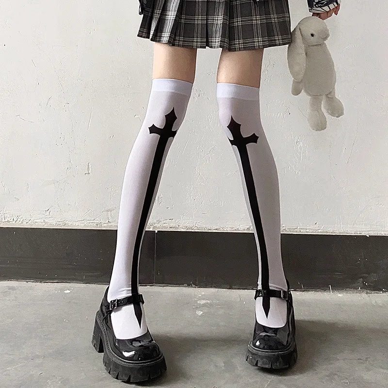 Japanese Harajuku Long Socks Festival Party Cross Cosplay Black Stockings Dark Gothic Y2K Knee Thigh Socks for Women's Skirts image 3