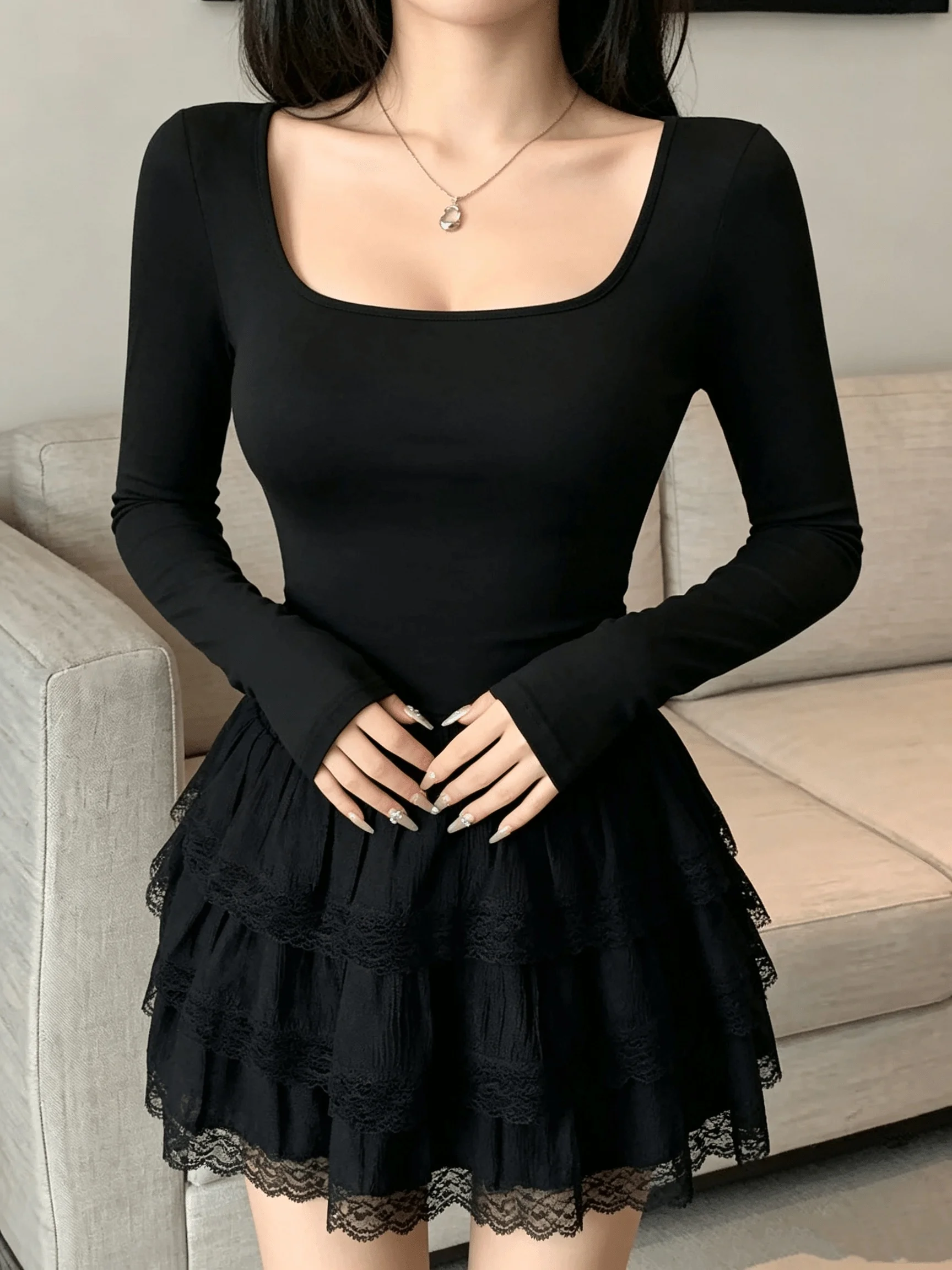 Damen Casual Bequemes Sexy T-Shirt mit eckigem Ausschnitt, einfarbig, langärmelig, Top, trendige Streetwear-Mode – Detail 7