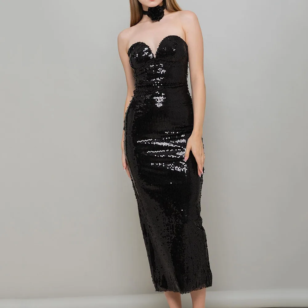 

Customized Straight Evening Dresses Tea-Length Strapless Sleeveless Prom Gown Fashion Flowers Sequined Backless Party Gown