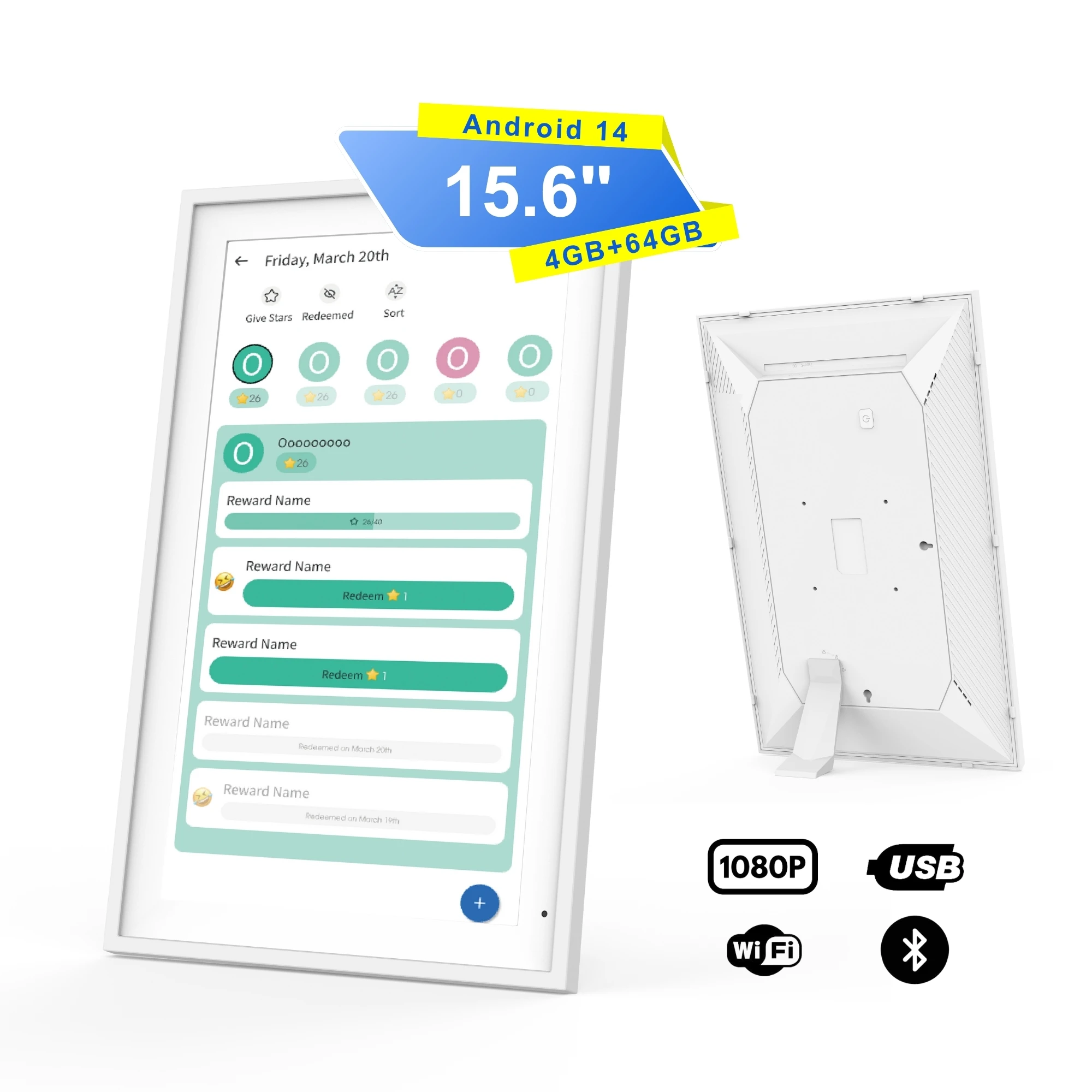 

15,6-дюймовый планшет Android 14, цифровая фоторамка, настольный умный планировщик, семейный календарь, дисплей, 4 + 64 ГБ, белая цифровая фоторамка