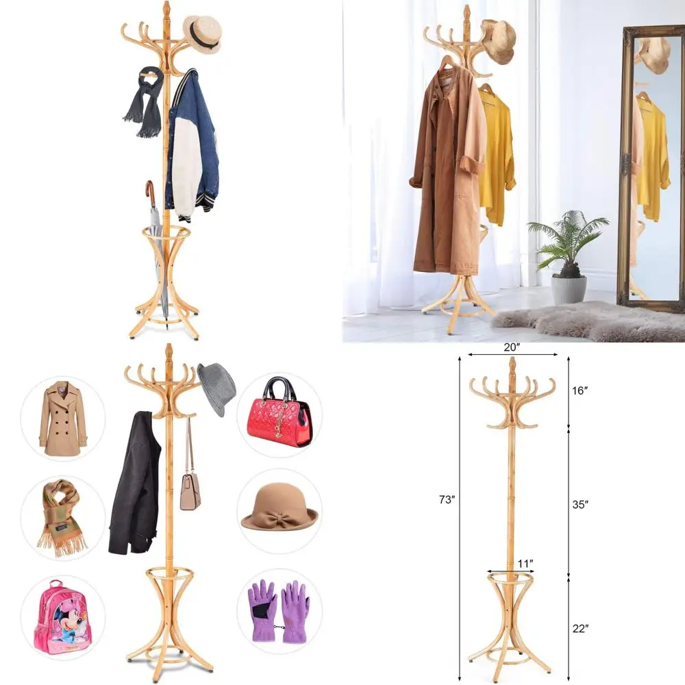 

Freestanding Wooden Coat Rack with 12 Hooks and Umbrella Stand - Entryway Tree Organizer for Hats and More