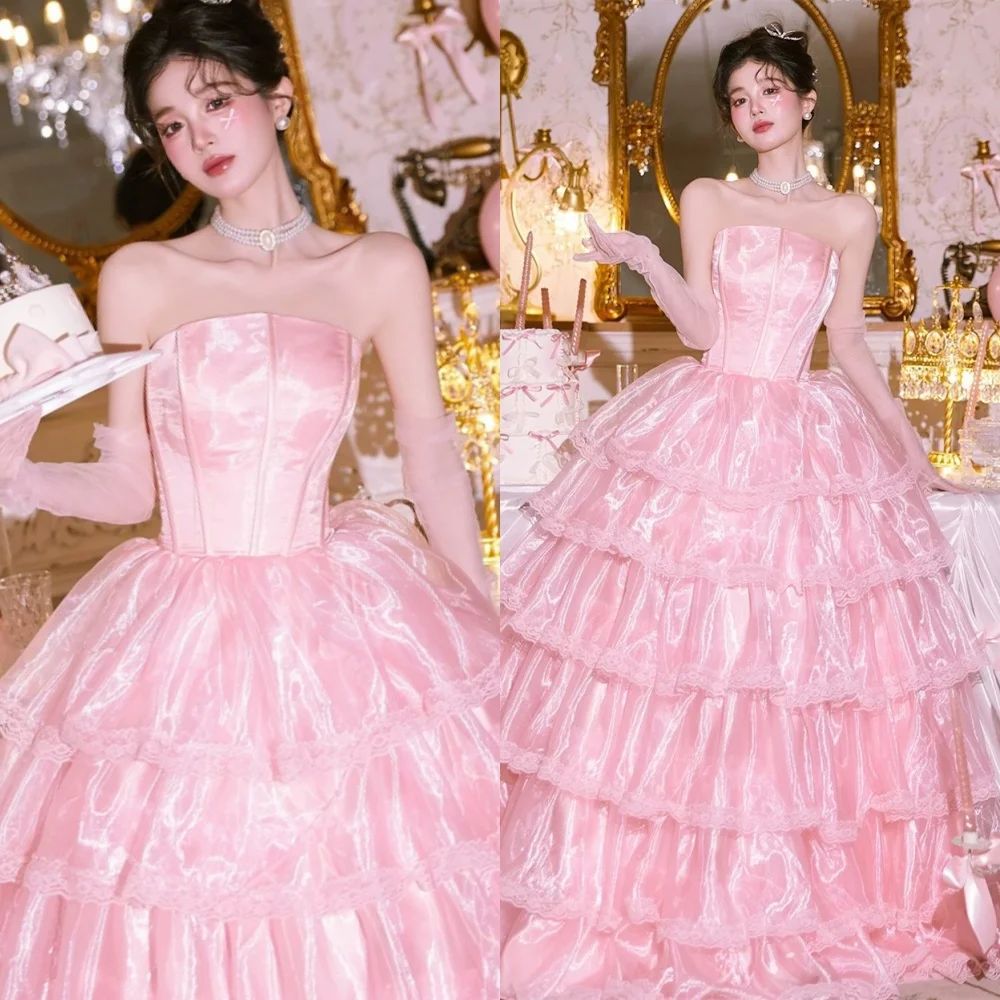 

Customized Dreamy Pink Satin Evening Dresses Classic Strapless Sleeveless Celebrity Gowns Luxury Lace Up Back Prom Dress