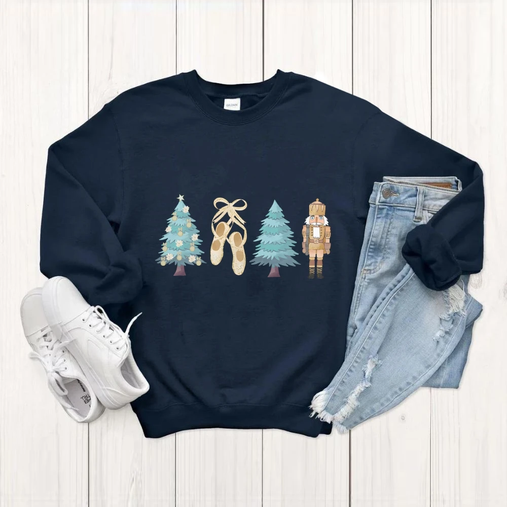 Christmas Nutcracker Print Sweatshirt Casual Long Sleeve Sweater For Autumn & Winter Xmas Funny Shirt Kawaii Holiday Season Gift