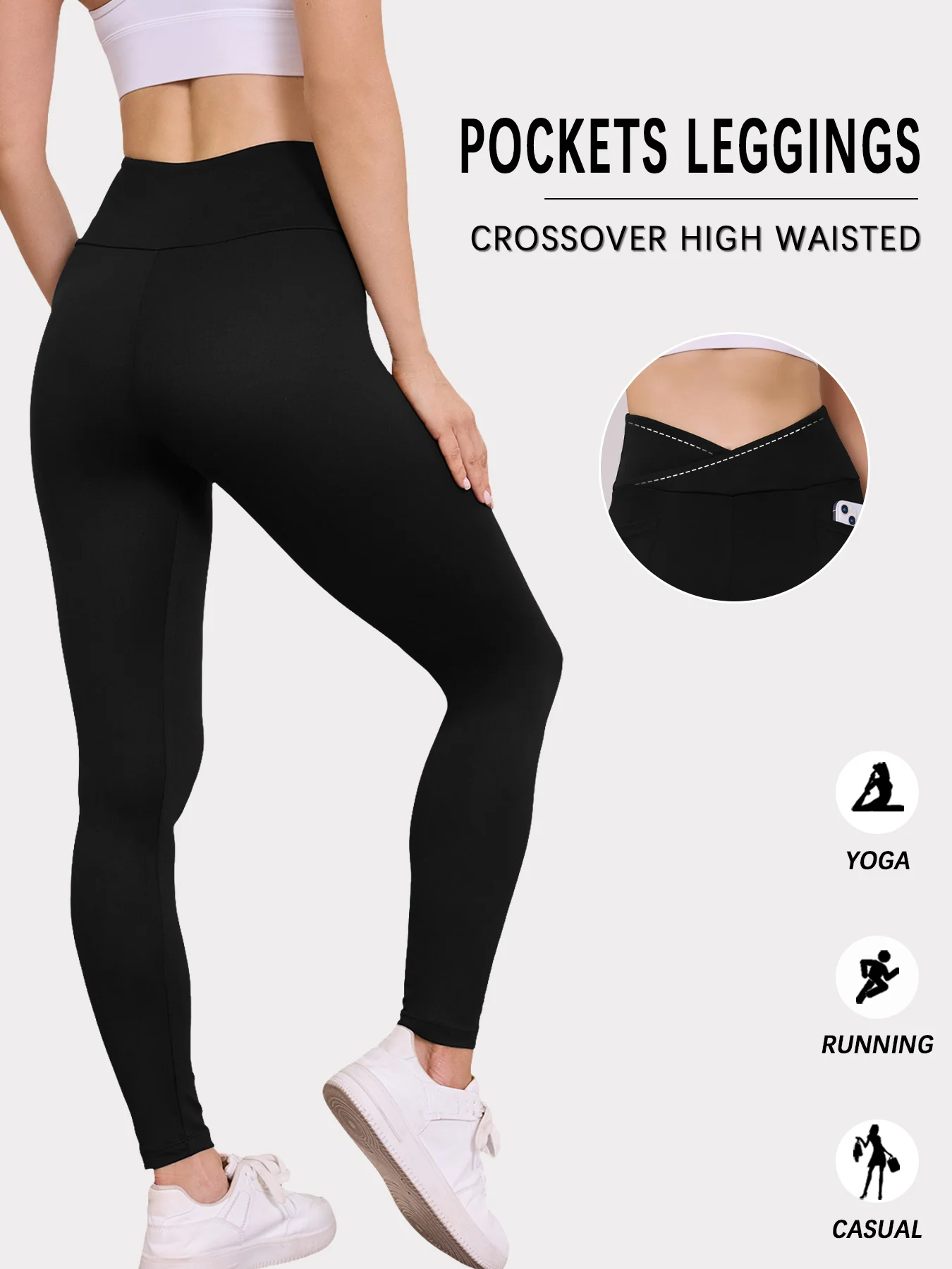 여성용 슈퍼 소프트 크로스오버 하이웨이스트 레깅스 포켓 포함 복부 조절 비침 방지 운동 요가 러닝 레깅스