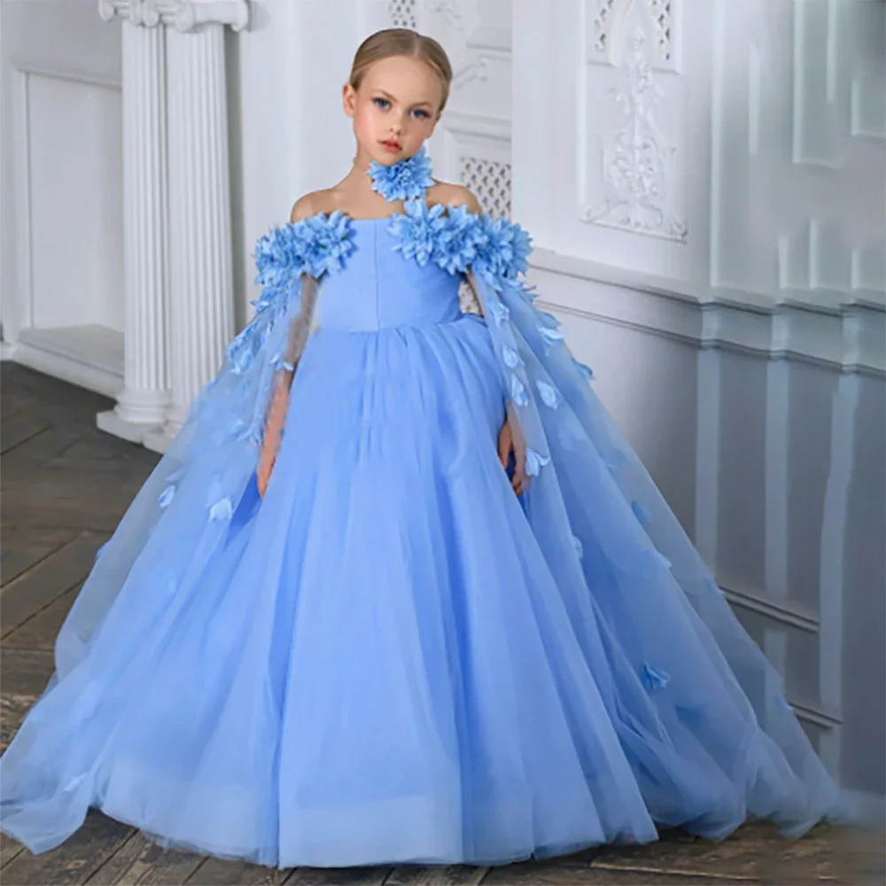 Elegant Girls Flower Long Party Dress Kids Fluffy Wedding Bridesmaid Prom Gown Girl 2pcs Tutu Birthday Clothes Fashion Costumes