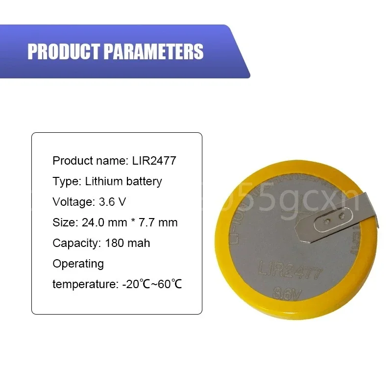 충전식 코인 셀 배터리 충전, 수평 용접 풋 배터리, 180 도, 3.6V, 200mAh, LIR2477, 3.6V