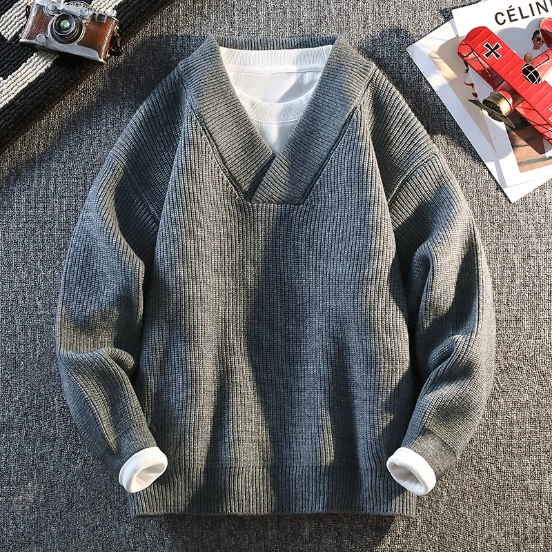 

Retro Men's Loose Knit Sweater V-Neck Fake Two-Piece Casual Pullover Top Solid Color Knit Sweater