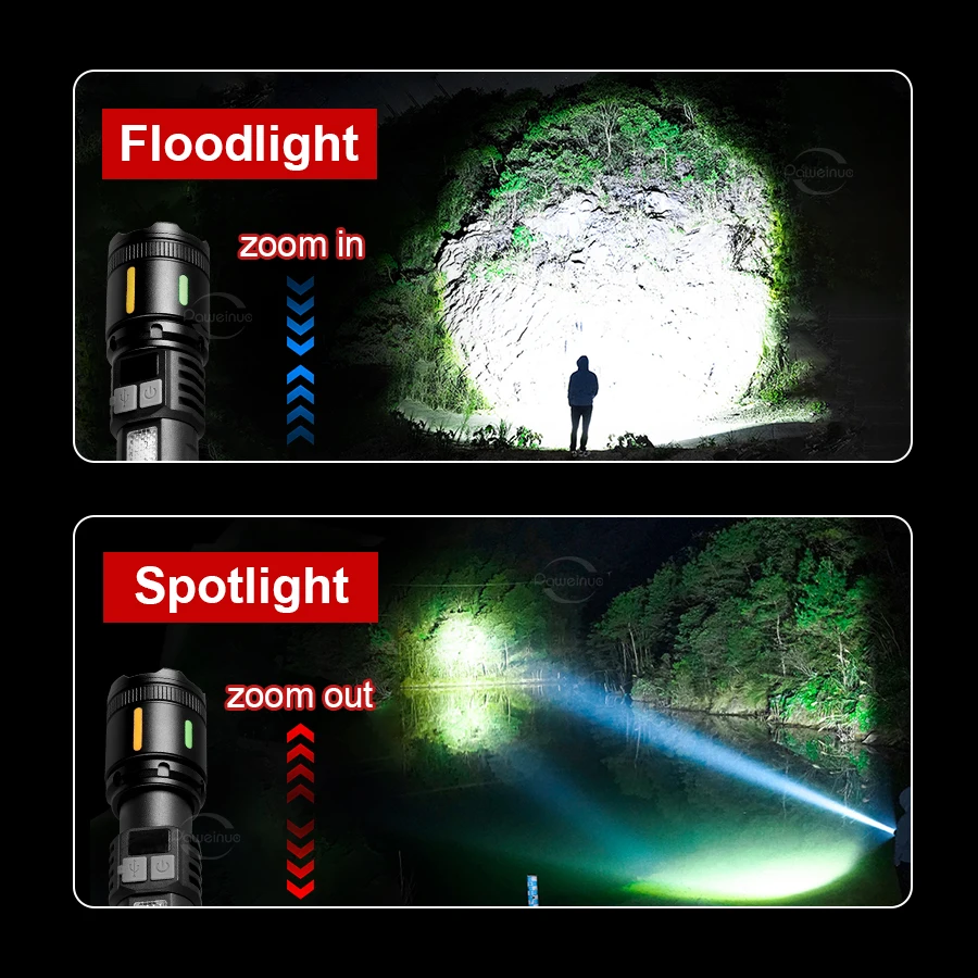 Most Powerful LED Flashlight with Side Light Type-C Rechargeable Handheld Flashlight Portable Emergency Lighting Outdoor Camping