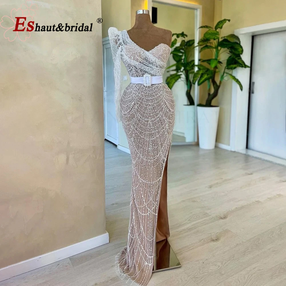 Luxury Dubai Pearls Mermaid Evening Dress for Women 2024 One Shoulder Long Sleeves Side Slit Formal Prom Wedding Party Gowns