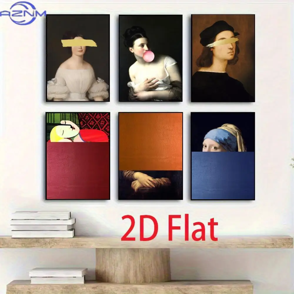 A Set of 6 Unframed Canvas Art Pieces Featuring Creative Reinterpretations of Famous World Paintings, Filled with Imaginative Ge