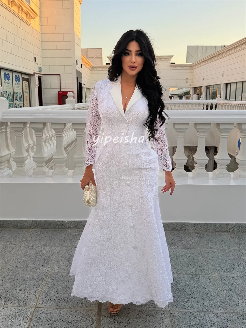 Customized Sexy Matching Lace Pleat Button Mermaid V-neck Midi Dresses Bespoke Occasion Dresses Exquisite Sizes Available Retro
