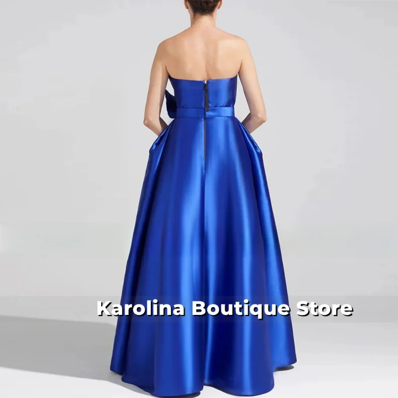 ชุดราตรีหรูหรา สีน้ำเงินอ่อน ผ้าซาติน จับจีบ ประดับคริสตัล ทรงเอไลน์ สายเดี่ยว สำหรับงานเลี้ยง