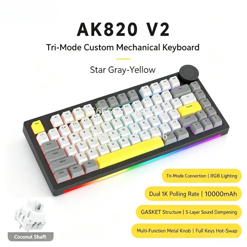 New 10000mAh Tri Mode Bluetooth 2.4G Wireless Gasket RGB Mechanical Gaming Keyboard For Ajazz AK820 V2