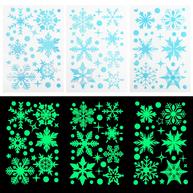 3 Blatt Weihnachten leuchten im Dunkeln Schneeflocke Fensteraufkleber Stern Schneeflocke Formen für Weihnachten Fensterdekoration Neujahr Raumdekoration