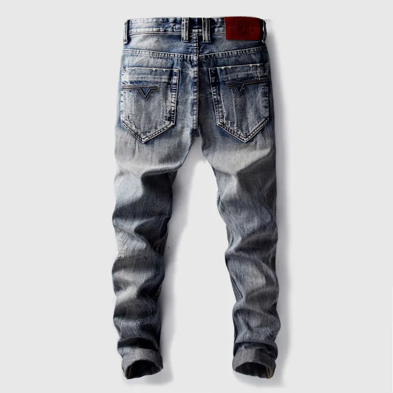 Streetwear Fashion Men Jeans Retro Washed Blue Stretch Slim Fit Ripped Jeans Men Patched Designer Vintage Denim Pants Hombre