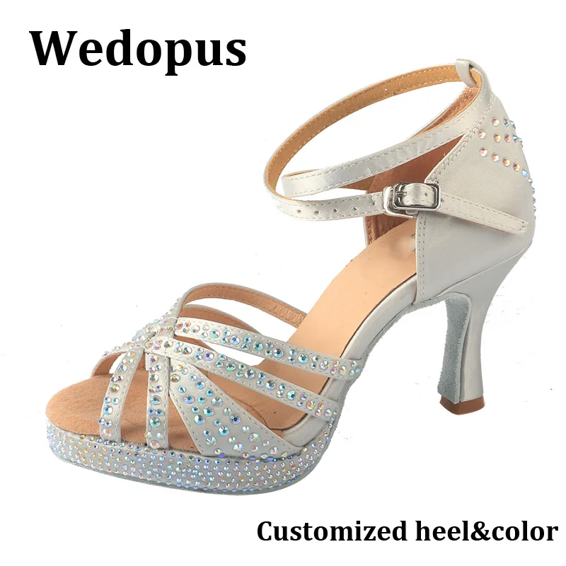 Wedopus Scarpe da ballo latino Piattaforma Flash Strass Pelle brillante Raso grigio Donna Salsa Scarpe da ballo per feste Tacco cubano 7,5 cm