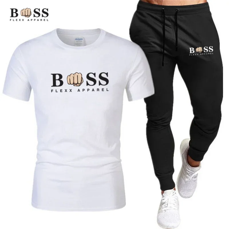 Hot Men\'s Tracksuit Two Pieces Sets Fitness Sport Suit Joggers Short Sleeve T Shirt+Trousers Men\'s breathable Casual Sportswear