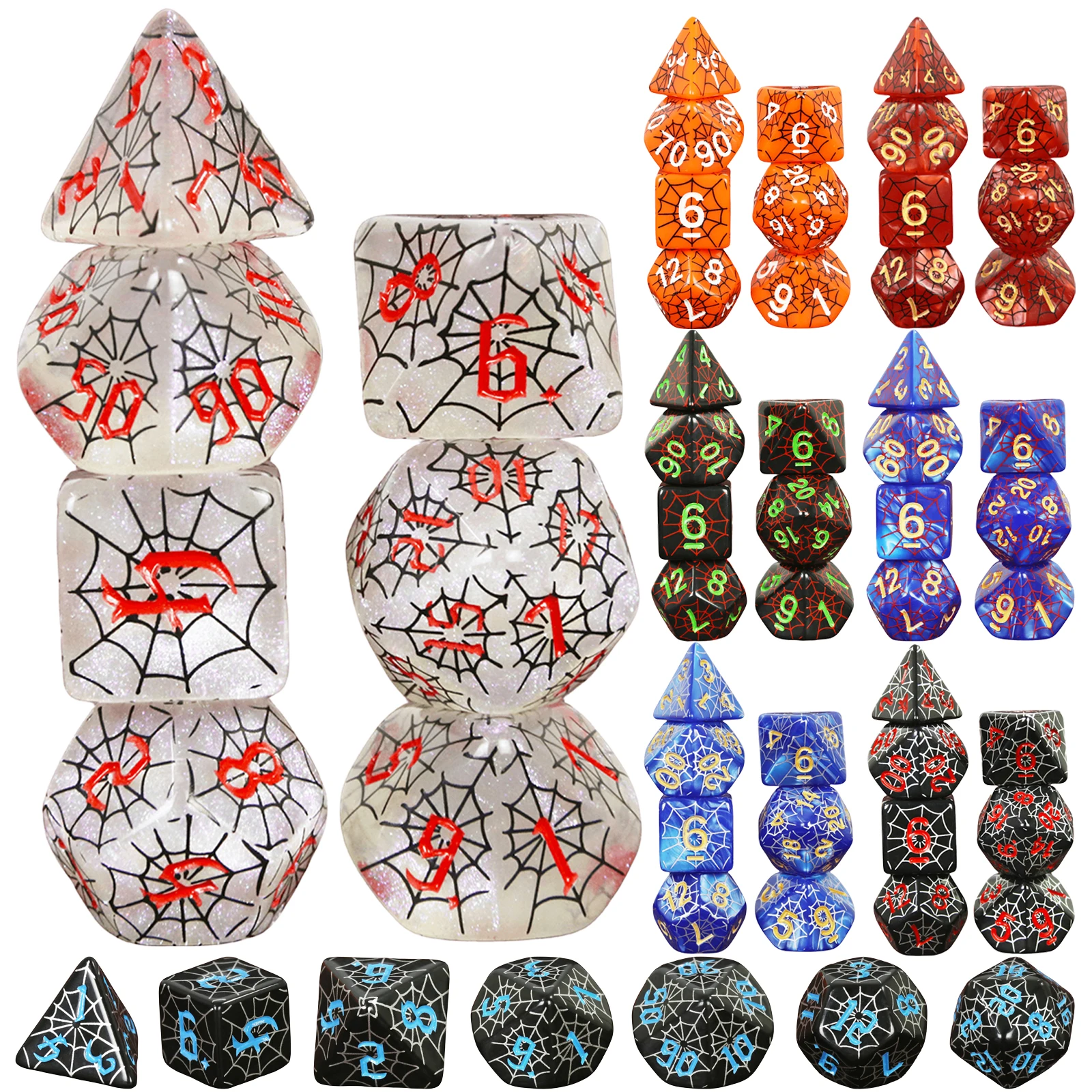 DND Würfel-Set, 7-teilig, D4-D20, polyedrische Würfel mit Siebdruck, Spinnennetz für Brettspiel, DND-Rollenspiele