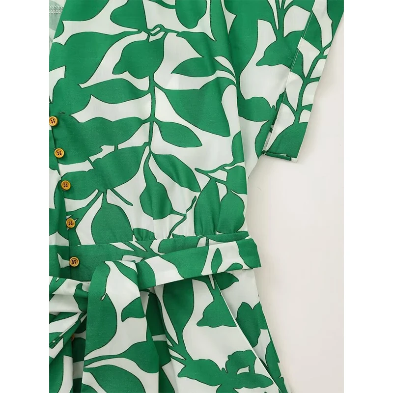 YENKYE Sommer Frauen Kurzarm V-ausschnitt Grün Gedruckt Midi Kleid Vintage Selbst Gürtel Zurück Elastische Weibliche A-line Urlaub Kleider