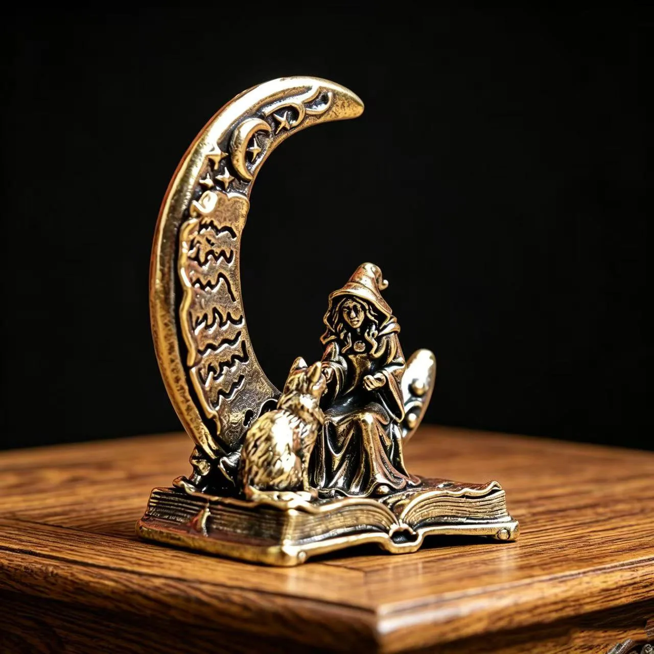 Brass Moon Witch Decoration Statue Ornament with Cat, Vintage Metal Witch Figurine, Halloween Desk Ornament, Collection & Gift. - view 4