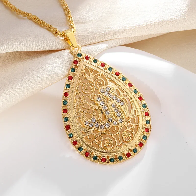 Exquisite Drop-Shaped Shiny Zircon Allah Quran Pendant Islamic Muslim Necklace Women's Religious Amulet Jewelry