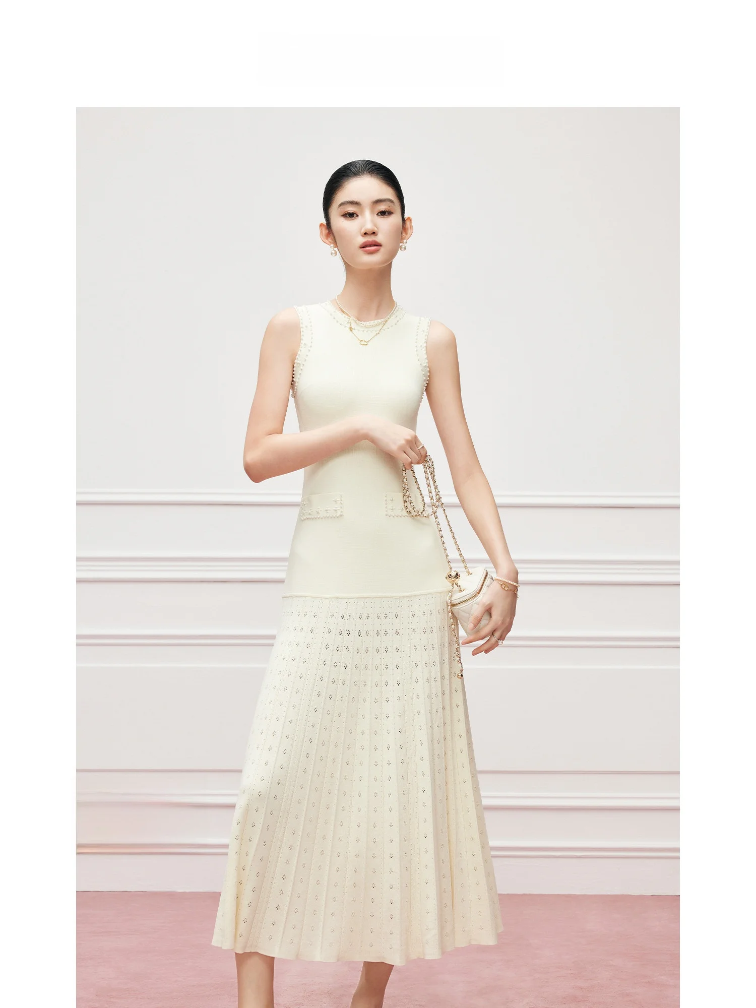 

Вязаный свитер с бусинами и складками Ele Knitted Svel Dr, женский, весенний дизайн, MandyZhang