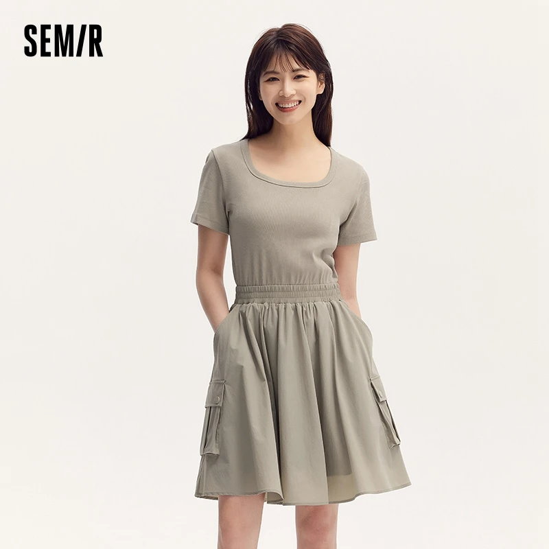 Semir Dress Women Faux Two-Piece Design Versatile 2024 Summer New Square Collar Slim Fit Short Skirt Suitable For Petite