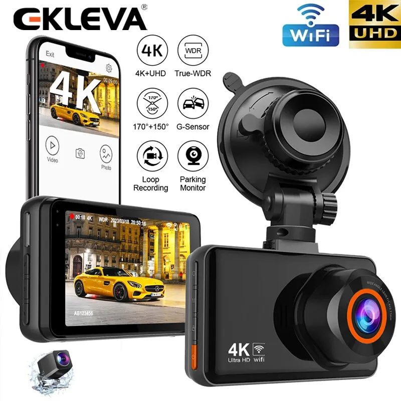 EKLEVA 4K WiFi Dash Cam for Cars Front and Rear Dual Lens Auto Dashcam Time-lapse Video Built-in Support 24H Parking Monito