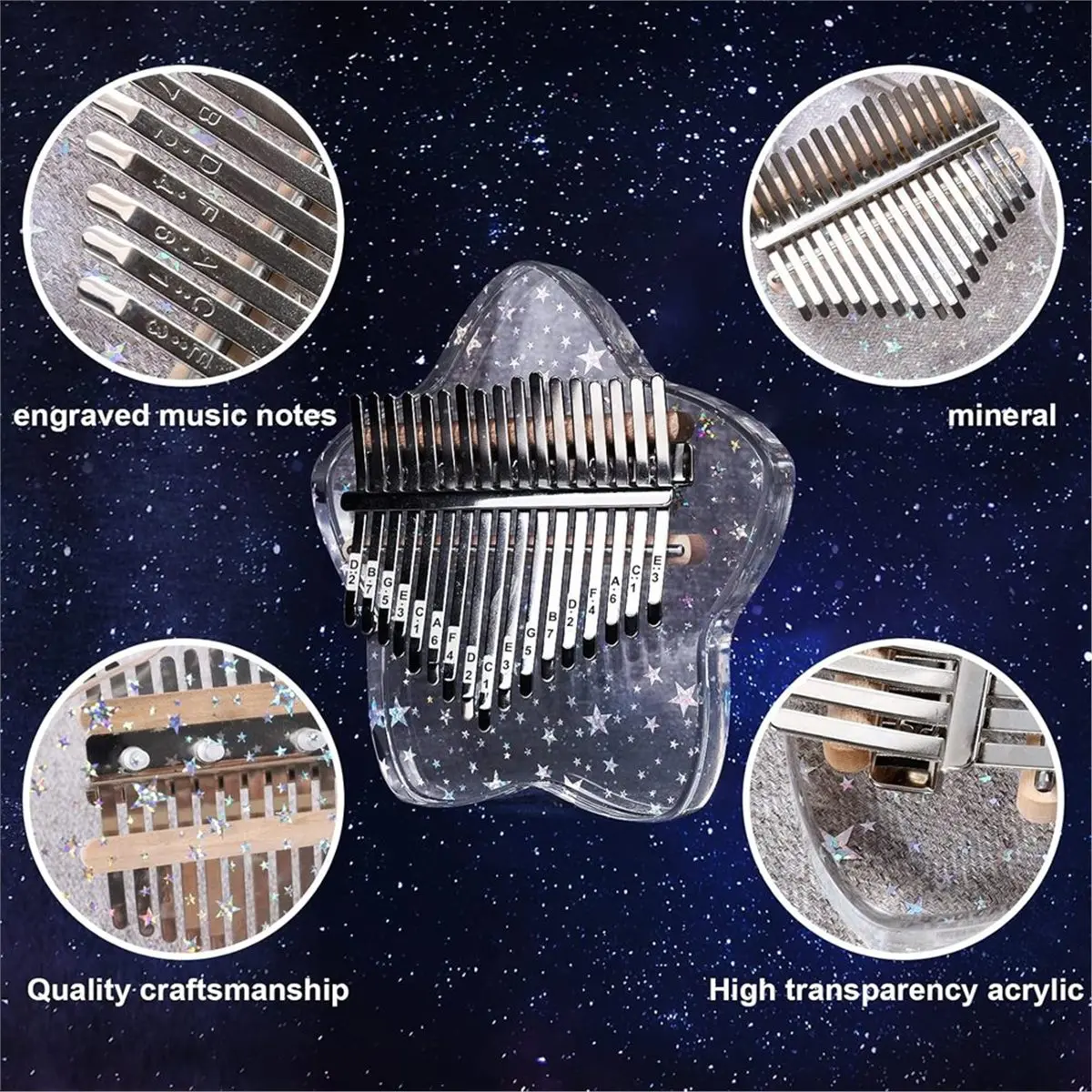 

Прозрачное пианино Kalimba для большого пальца, прозрачный кристалл Kalimba, 21 клавиша, фортепиано с радужной звездой для музыкальных инструментов [AA74-AAA]