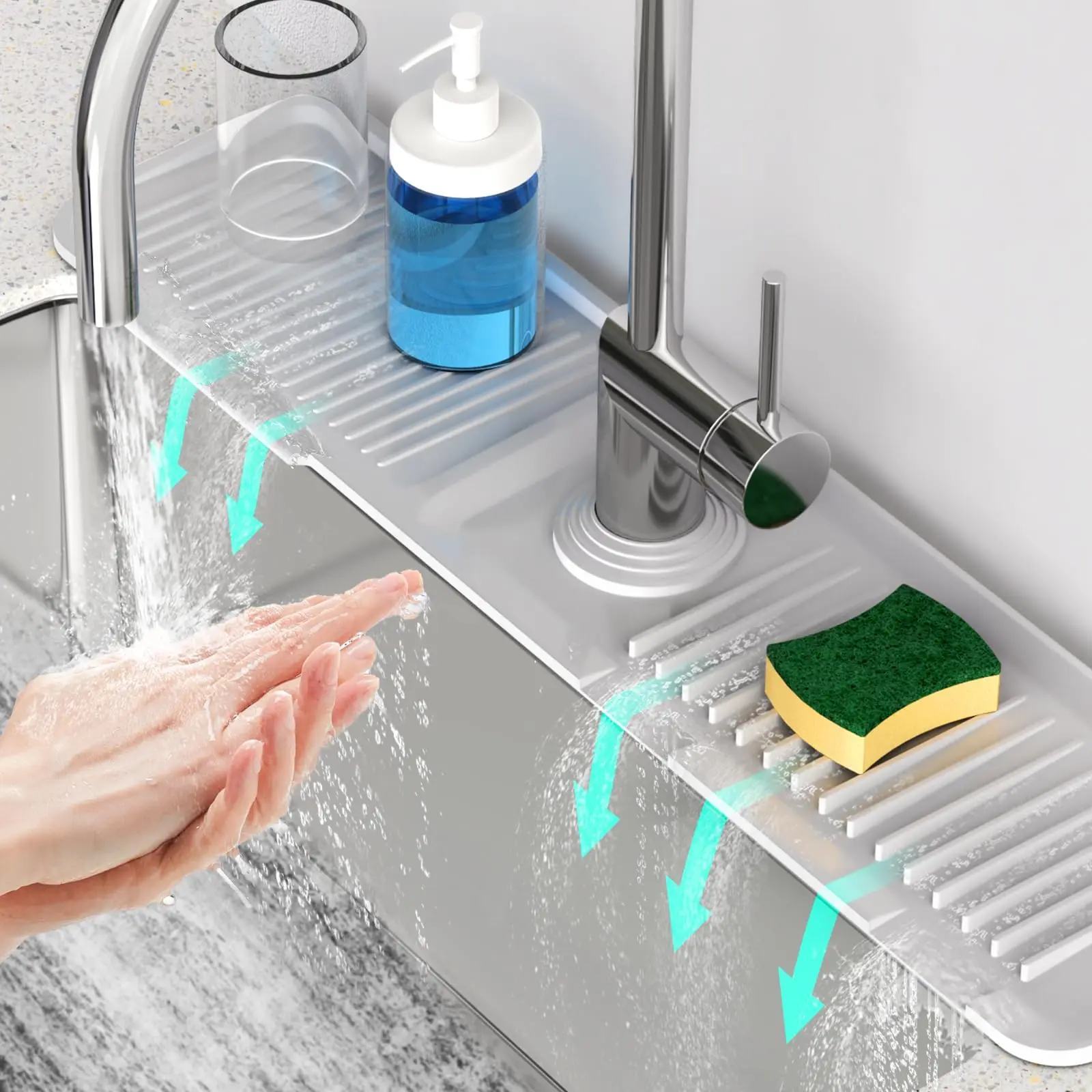 

Kitchen Sink Faucet Mat, Silicone Folding Splash Guard , Draining Mat with Button Lock, Sink Facucet Protector, Sink Acessories