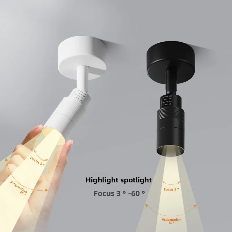 A beam of concentrating mini small spotlights, surface mounted adjustable zoom small