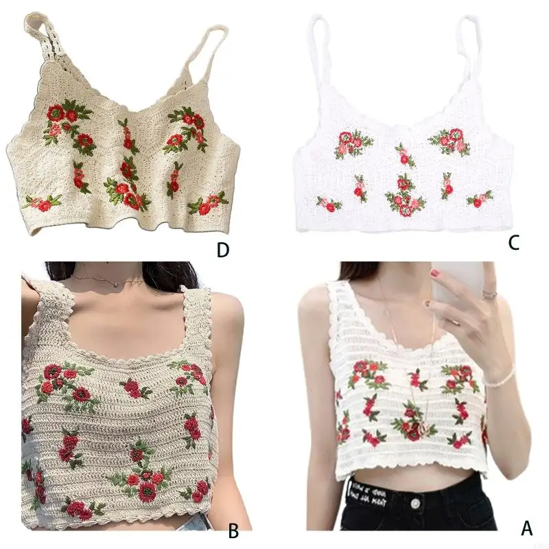 40GC Women Summer Hollow Crochet Knit Camisole Vest Boho Floral Leaves Embroidery Sleeveless Short Crop Top Beach Bralette