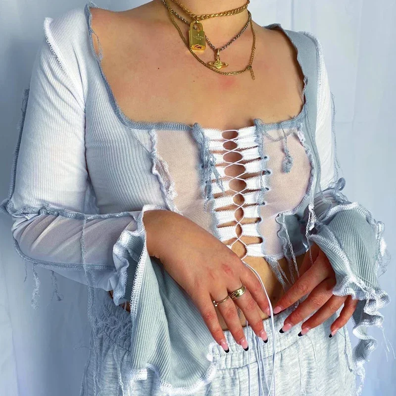 2024 Fashion Reverse Trim Color Block Cropped Top Long Sleeve Lace Up Mesh Patchwork Hollow Out Square Neck t-Shirt for Ladies