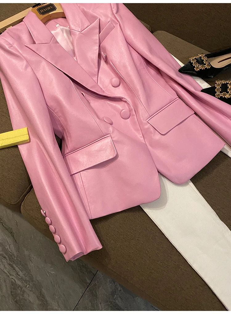 Lautaro Spring Stylish Short Pink Soft Pu Leather Blazer Long Sleeve Slim Fit Luxury Jackets for Women 2022 Elegant Fashion 5xl