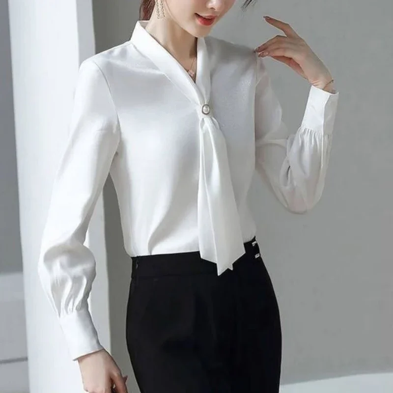 

Green White Korean Elegant Office Lady Shirt Spring Autumn Women Bow Chic Temperament Long Sleeve Loose Blouse Tops Blusas Mujer