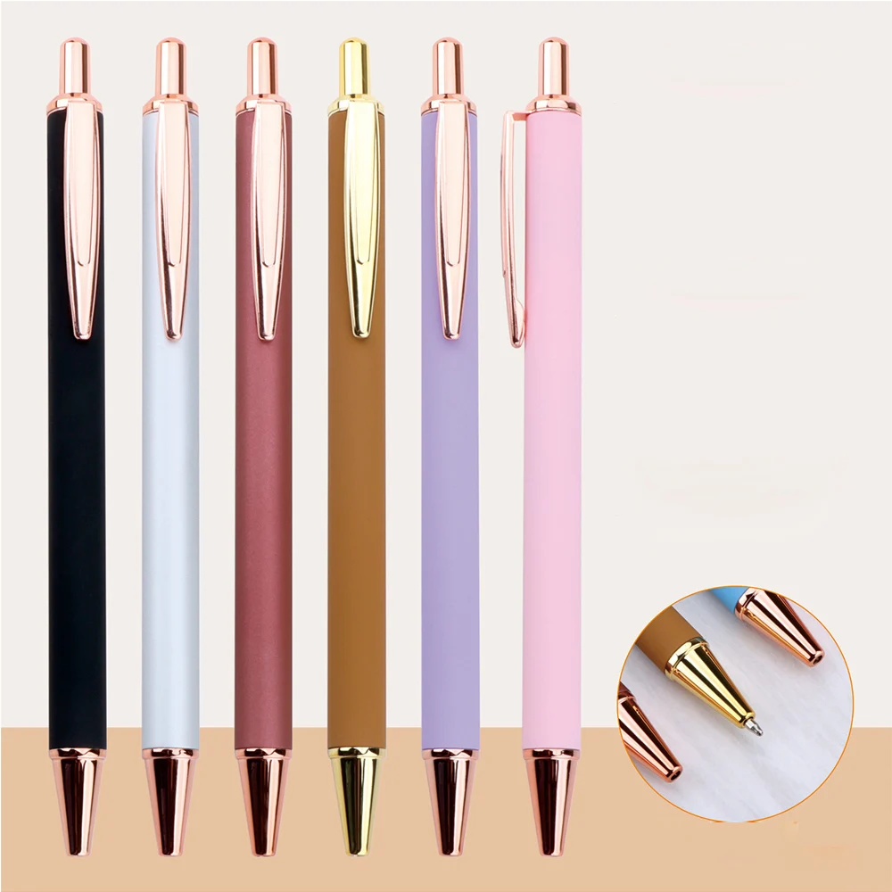 Custom Logo Ballpoint Pen Matte Macaron Color with Rose Gold Trim Retractable Click Pen for Business Gifts Office Promotional