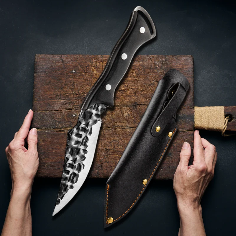 Black Forged Kitchen Knife Bone Splitting Full Tang Solid Wood Handle Thickened Blade Sharp Meat Cleaver Portable Sheaths