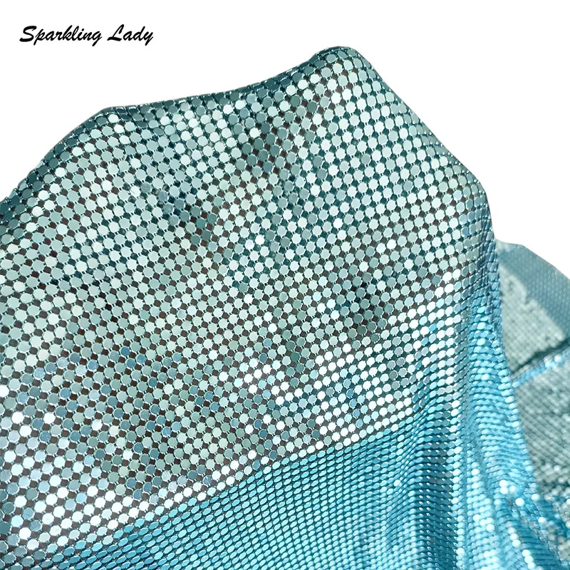 

3MM Fashion Chainmail Fabrics Bling Luxury Light Blue Metallic Sequin Mesh Fabric for Women Garment Bags Party Decoration