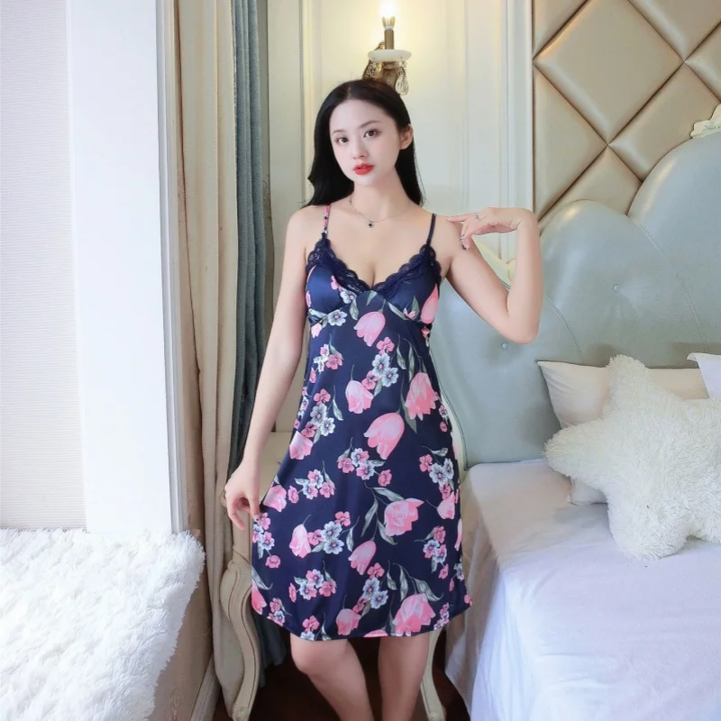 

Women's Summer Ice Silk Pajamas Sexy Leopard Polka Dot Print Slip Nightdress Lace Sleeveless Sleeping Skirt Loose Homewear