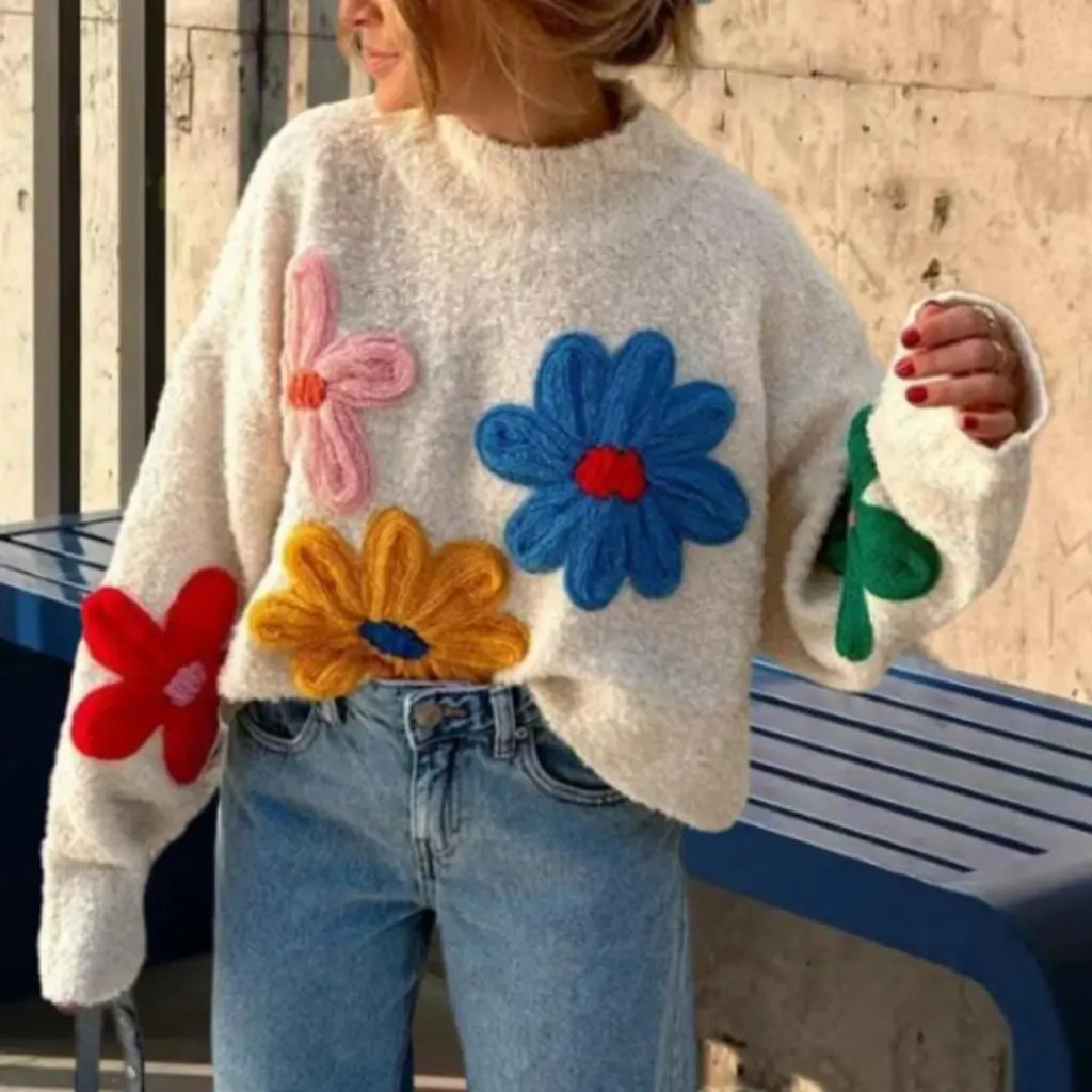 

New Women's Embroidered Pullover Sweater Color Small Flower Design Heavy European And American Style from